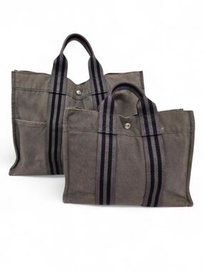 Hermes Canvas Fourre Tout Holdall MM and GM Tote Bag Set in Gray and Black